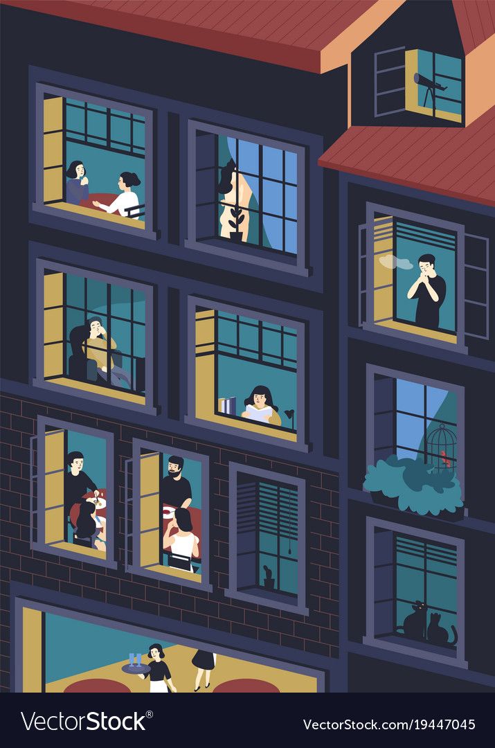 an apartment building with people looking out the windows at their surroundings in the night time