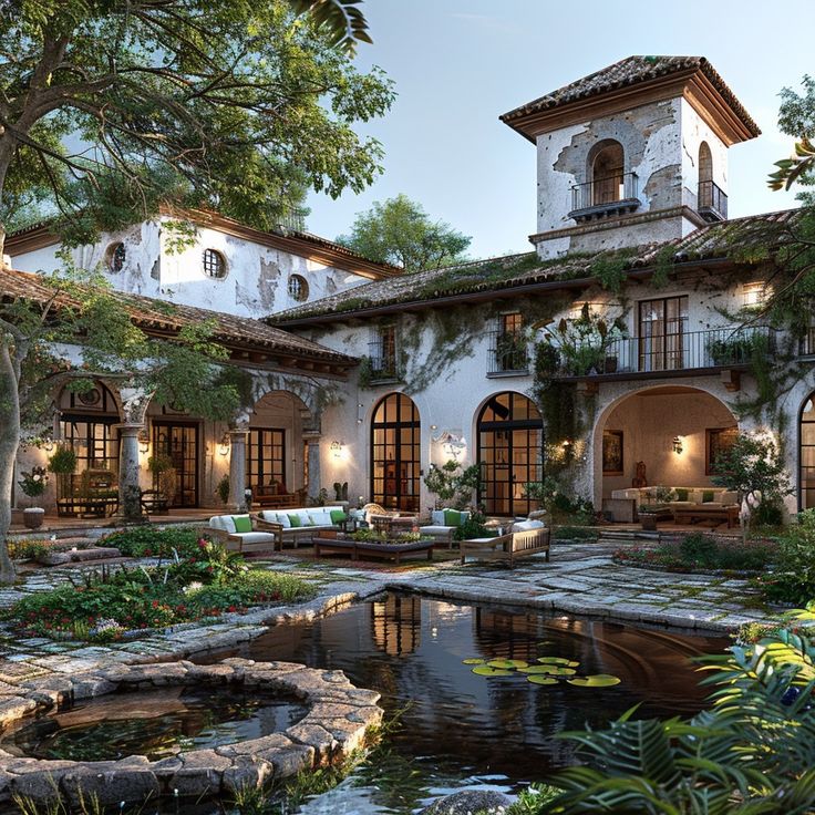 a large house with a pond in front of it and lots of greenery on the outside