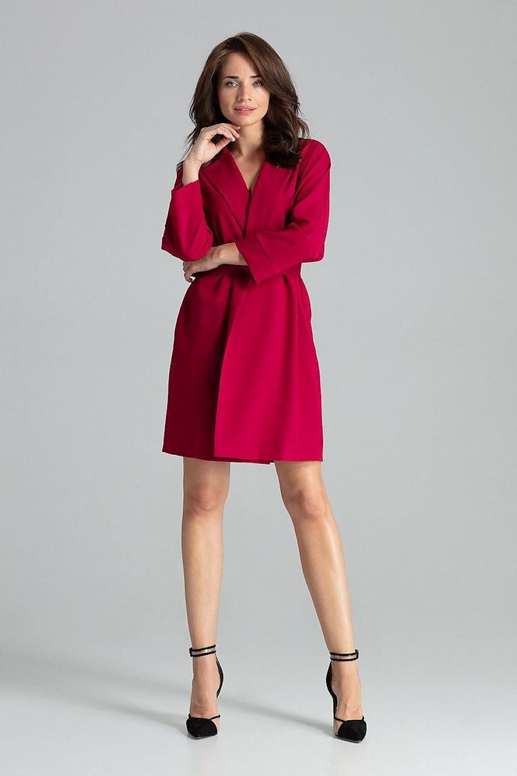 Maroon straight, loose-fitting dress-jacket with classic lapels, unbuttoned. Tied at the waist with a belt with a decorative metal buckle in the color of gold. Jacket without pockets and without lining. Gold Jacket, Outwear Women, Game Dresses, Loose Fitting Dresses, Beige Dresses, Straight Dress, Decorative Metal, La Fashion, Blazer Dress