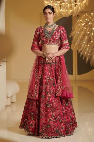 Rose lehenga with  all-over floral motif resham embroidery and pearl, sequin-cutdana work. Comes with embellished blouse  and dupatta.
Component: 3
Embroidered
Neckline: U Neck
Sleeve Length: Half
Fabric: Modal Dupion
Color: Pink, Red
Scallop hem
Closure: Blouse: Side zip - Aza Fashions Embroidered Bridal Lehenga, Varun Bahl, Rose Sleeve, Lehenga Dupatta, Pink Lehenga, Lehenga Skirt, Embroidered Lehenga, Embellished Blouse, Embroidered Neckline