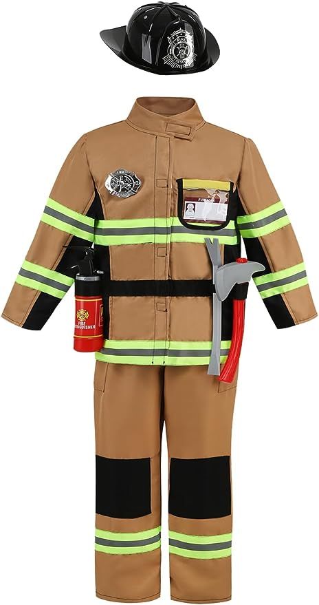 a fireman's uniform is shown with a hat and tools on top of it