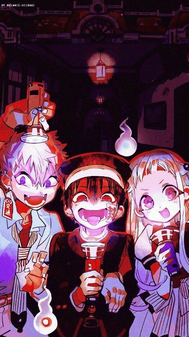 three anime characters standing next to each other in front of a dark background with red and blue lights