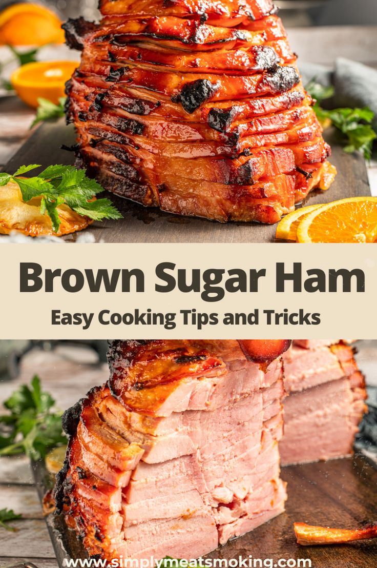 brown sugar ham on a cutting board with orange slices