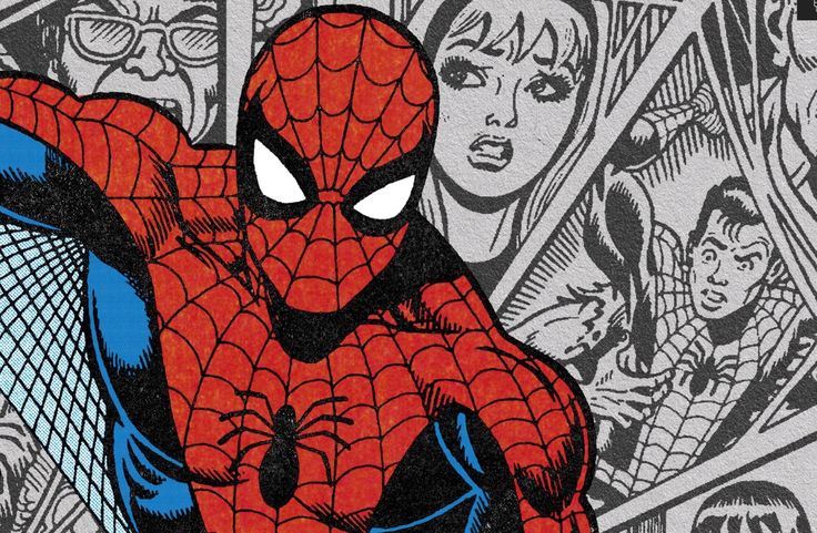 a drawing of spider - man in front of an image of other people with glasses