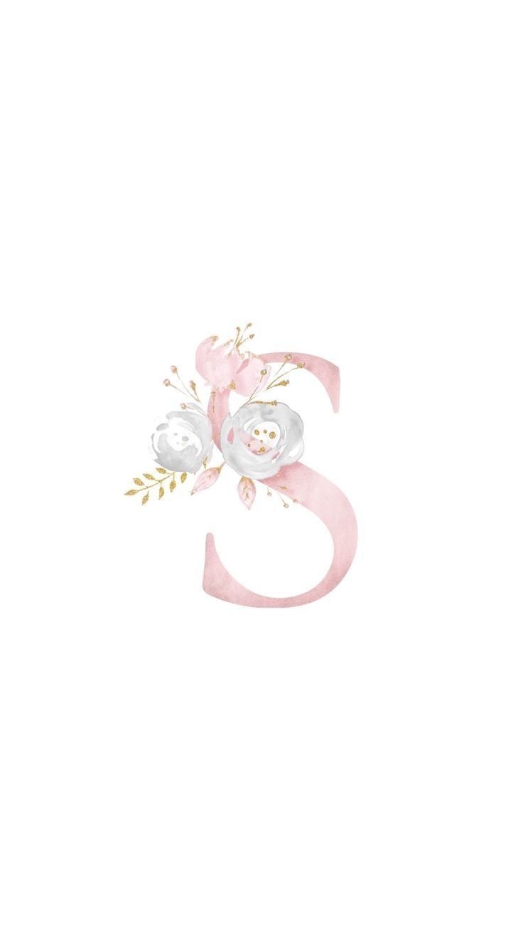 the letter s is decorated with flowers and leaves in pink, white and gold colors