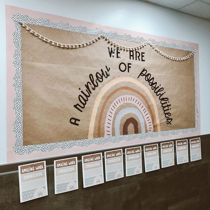 a bulletin board in the corner of a room with information about rainbows on it