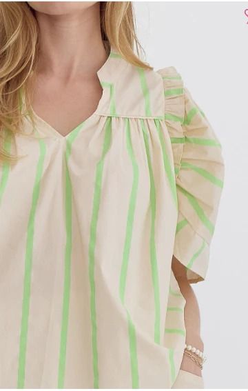 Lime - Striped Short Sleeve V Neck Top – Angie Brooke Boutique Elegant Puff Sleeve V-neck Top With Ruffles, Green V-neck Top With Ruffles, Spring V-neck Puff Sleeve Top With Ruffles, Chic Short Sleeve Summer Top For Work, Chic V-neck Short Sleeve Top For Day Out, Chic Short Sleeve V-neck Top For Spring, Summer Puff Sleeve Top With Short Sleeves, Trendy Summer Short Sleeve Puff Top, Trendy Summer Short Sleeve Top With Flutter Sleeves