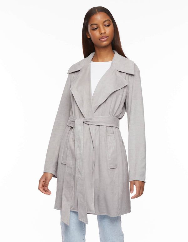 Vegan Suede Stretch Belted Wrap Jacket - Titanium - Bernardo Suede Trench Coat, Classic Trench Coat, Wrap Jacket, Suede Belt, Stretch Belt, Belted Trench Coat, Suede Jacket, Soft Texture, Mid Length