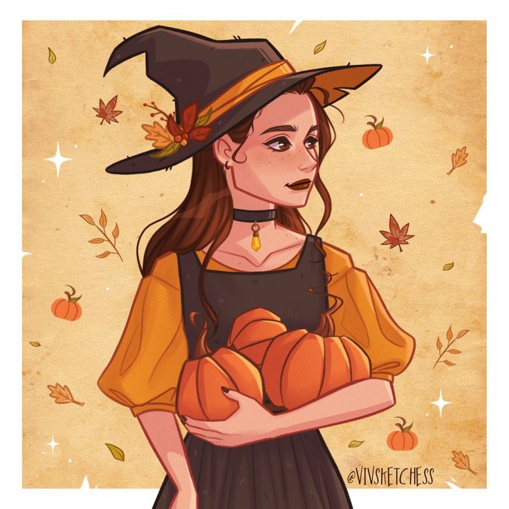 a drawing of a woman in a witch costume holding pumpkins