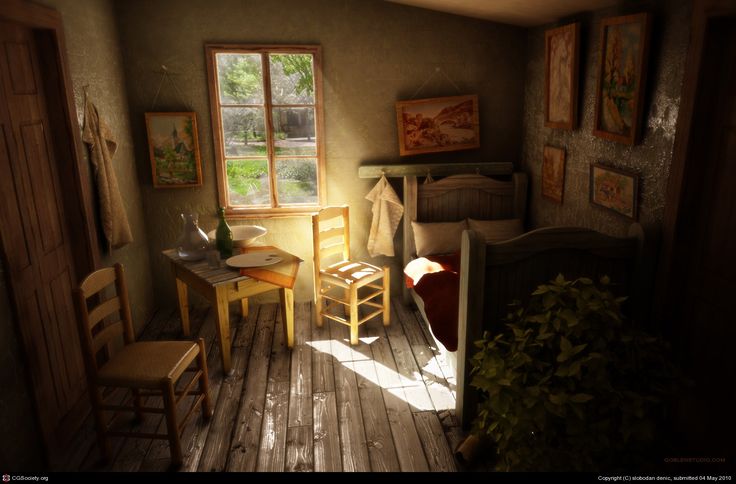 a room with wooden floors and paintings on the walls, windows, and table in it