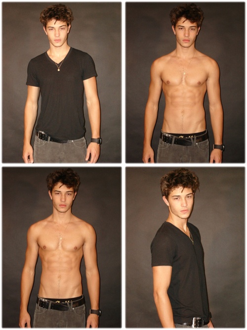 four different pictures of a shirtless young man