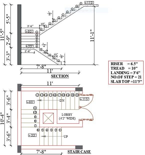 the stair case is shown with measurements for each section