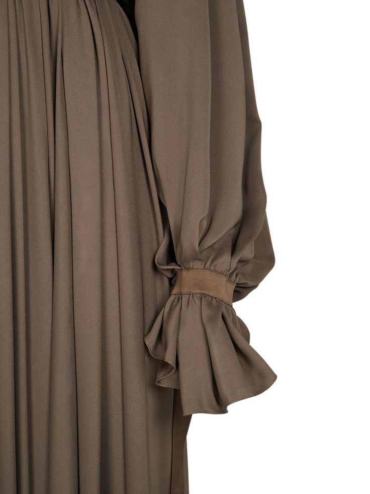 Asymmetrical draped panels Chic Draped Silk Crepe Dress, Brown Draped Evening Dress, Formal Silk Crepe Dress With Draped Sleeves, Elegant Draped Midi Dress With Folds, Formal Dress With Asymmetrical Hem And Folds, Formal Dress With Folds And Asymmetrical Hem, Elegant Pleated Asymmetrical Dress, Elegant Asymmetrical Midi Dress With Folds, Elegant Brown Asymmetrical Midi Dress