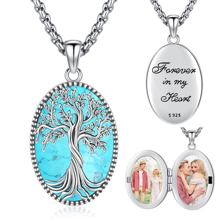 PRICES MAY VARY. Turquise Tree of life Necklace Women Jewelry Engraving"Forever in my heart"，On every memorable day, choose this lovely gift to give to the person you care about, and bring her encouragement, love and blessing CHAIN LENGTH：20"+2" = 56 cm | PENDANT WEIGHT: Approximately 7 Grams | PENDANT HEIGHT：1.3" = 33 mm | PENDANT WIDTH： 0.67" = 17 mm | LOBSTER-CLAW CLOSURE This locket tree of life Jewelry can have 2 pictures in it. Suggested photo size is roughly cropped height 0.9" and width Picture Pendant Necklace, Moon Goddess Necklace, Sterling Silver Locket Necklace, Remembrance Necklaces, Silver Locket Necklace, Gold Locket Necklace, Tree Of Life Jewelry, Picture Locket, Picture Necklace