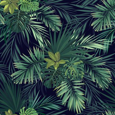 a green palm tree leaves pattern on a dark blue background