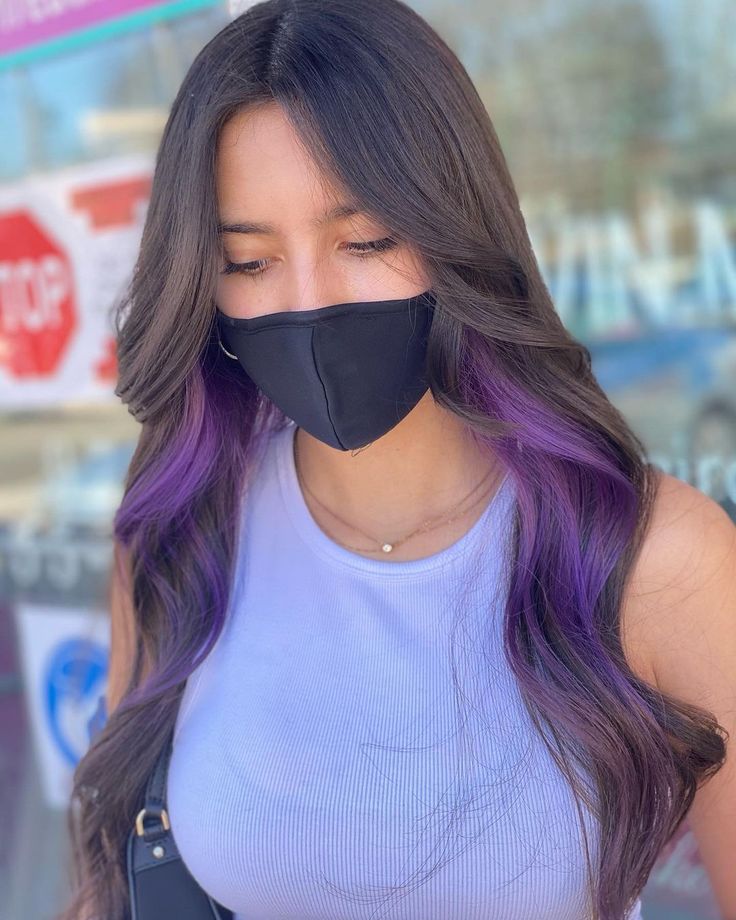 Hair Peekaboo Color Brunettes, Hair Color Ideas Underneath Colour Purple, Purple Peak A Boo Highlights, Brunette Hair With Purple Peekaboos, Dark Brown Hair With Purple Peekaboos, What To Dye My Hair, Boho Hair Color Ideas, Colored Peekaboo Highlights, Brown Hair With Purple Peekaboos