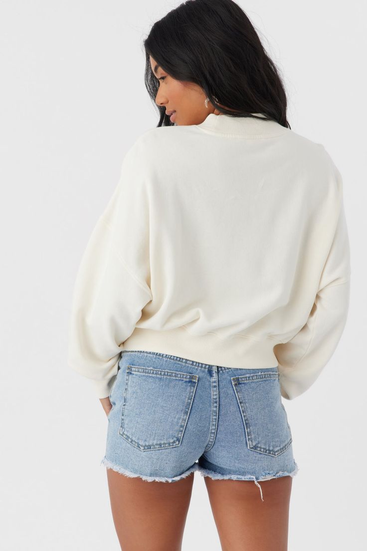 Cozy up in this mock neck sweatshirt. It features a soft cotton-fleece feel White Cropped Sweater With Ribbed Collar And Long Sleeves, White Cropped Sweater With Ribbed Collar, White Cropped Long Sleeve Sweater With Ribbed Collar, White Long Sleeve Cropped Sweater With Ribbed Collar, White Cotton Cropped Sweater With Ribbed Cuffs, White Cropped Relaxed Fit Sweatshirt, Cream Cropped Crew Neck Sweater With Ribbed Cuffs, Trendy White Cropped Sweater With Ribbed Cuffs, White Cropped Sweater For Loungewear