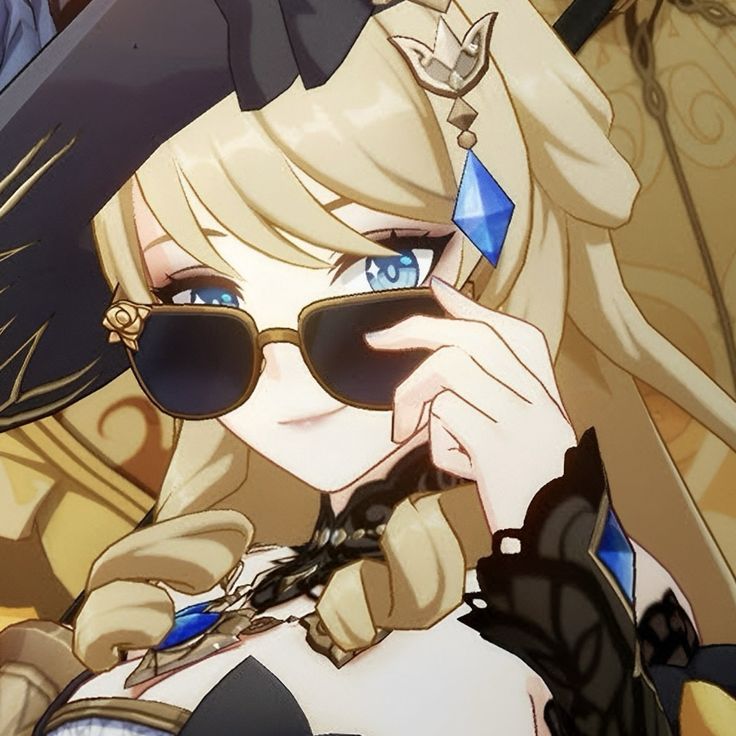 an anime character with blue eyes and blonde hair, wearing black eyeglasses while holding her hand to her face