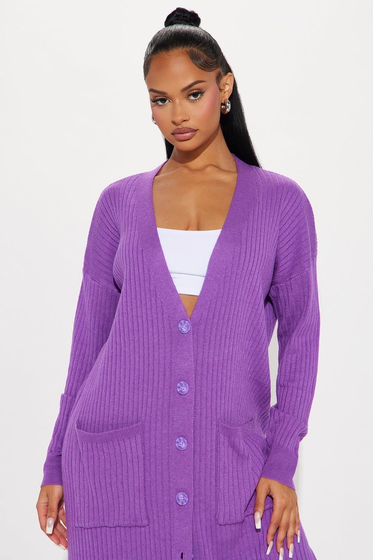 Available In Black, Grey, And Purple. Cardigan Sweater V-Neck Button Down Pockets Long Sleeve 38% Rayon 38% Nylon 22% Wool 2% Alpaca Imported | All Weekend Long Cardigan in Purple size Small by Fashion Nova V-neck Ribbed Cardigan For Work, Trendy Ribbed V-neck Cardigan, Trendy Purple V-neck Cardigan, Winter V-neck Sweater With Button Closure, Trendy Button-up V-neck Sweater For Winter, Trendy V-neck Outerwear With Button Closure, Trendy V-neck Sweater With Button Closure For Spring, Ribbed Button-up Outerwear For Office, Casual Purple Cardigan With Button Closure