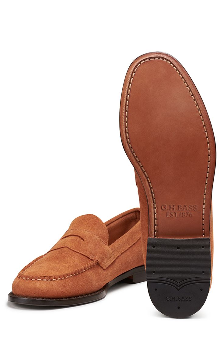 This hand-sewn suede penny loafer showcases handsome stitching and flat-strap styling for all-day, everyday sophistication. Arch support Leather upper, lining and sole Imported Classic Moccasins With Suede Lining For Work, Classic Leather Boat Shoes With Suede Lining, Classic Moccasins With Suede Lining For Business Casual, Classic Moccasins With Suede Lining, Classic Suede-lined Moccasins For Business Casual, Classic Brown Boat Shoes With Suede Lining, Classic Suede Boat Shoes With Stitched Sole, Classic Boat Shoes With Suede Lining And Plain Toe, Classic Suede Moc Toe Boat Shoes