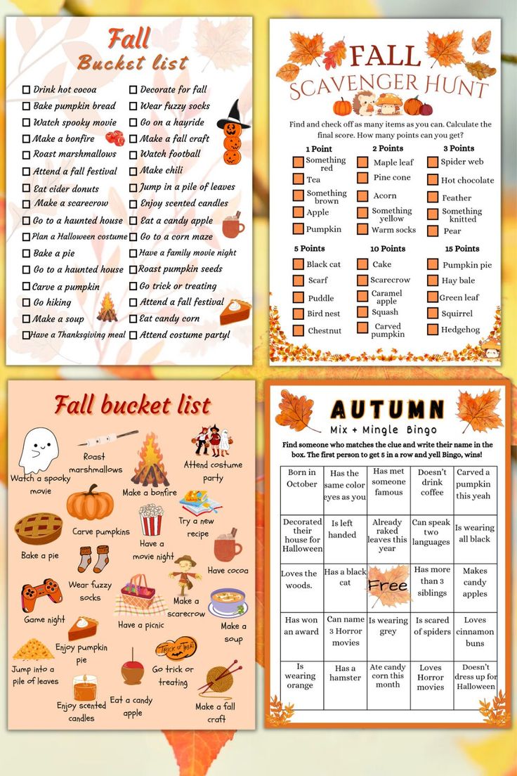 the fall bucket list with pumpkins, leaves and other things to do on it