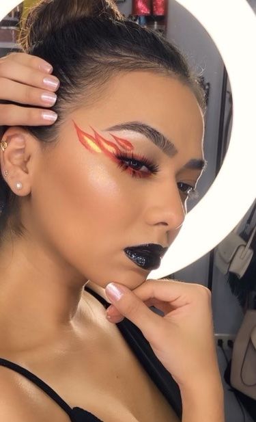 Fire Makeup Tutorial, Fire Make Up Look, Fire Costume Makeup, Firefighter Makeup Halloween, Fire Makeup Eye, Fire Makeup Look Easy, Fire Themed Makeup, Fire Halloween Makeup, Fire And Ice Outfit