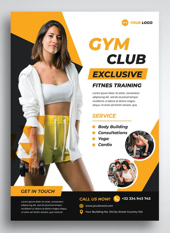 a flyer for a gym club with an image of a woman in yellow shorts and white shirt