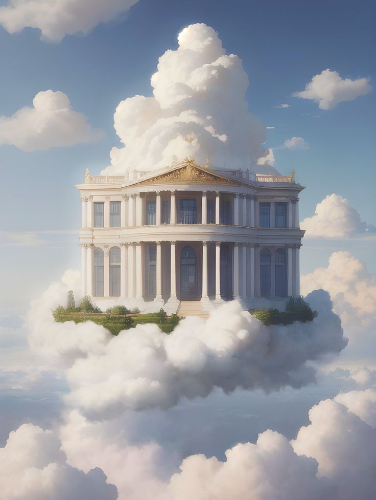 the white house is surrounded by clouds in the sky