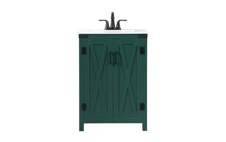 a green cabinet with a sink and faucet on it's side, against a white background