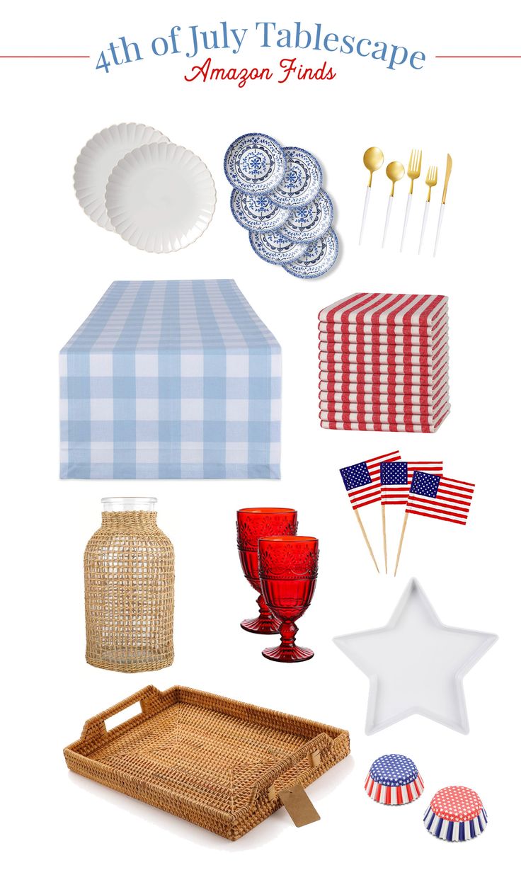 the fourth of july tablescape with red, white and blue decorating items on it