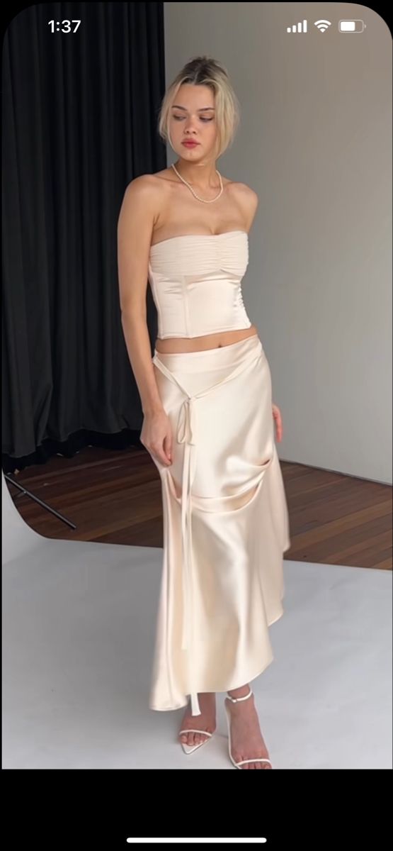 Silk corset top and long skirt champagne set Matching Skirt And Top Set Satin, Two Piece Silk Dress, Corset And Silk Skirt Outfits, Silk Top And Skirt Outfit, Prom Skirt And Top Two Pieces, Satin Skirt And Top Set, Two Piece Satin Dress, Two Piece Corset Top And Skirt, Silk Skirt And Top Set