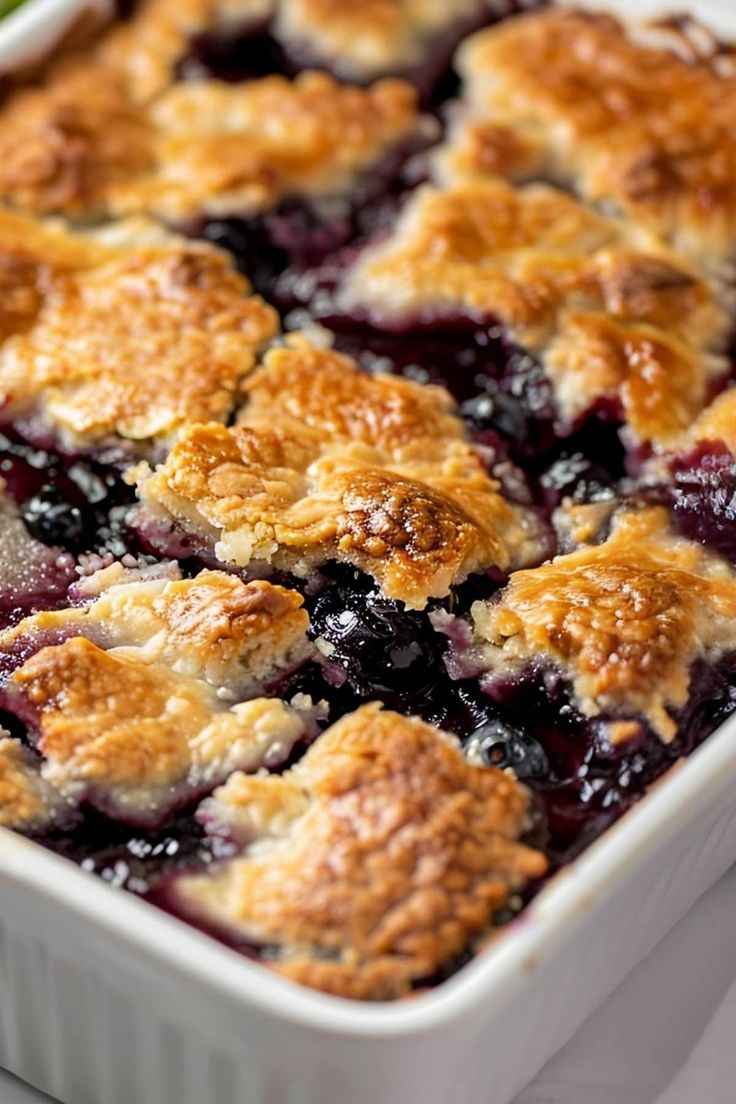 blueberry cobbler in a white baking dish with fresh fruit on the side, ready to be eaten