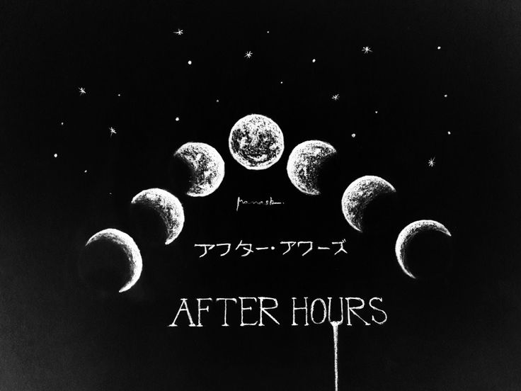 the moon phases are shown in black and white, as well as japanese writing that reads after hours