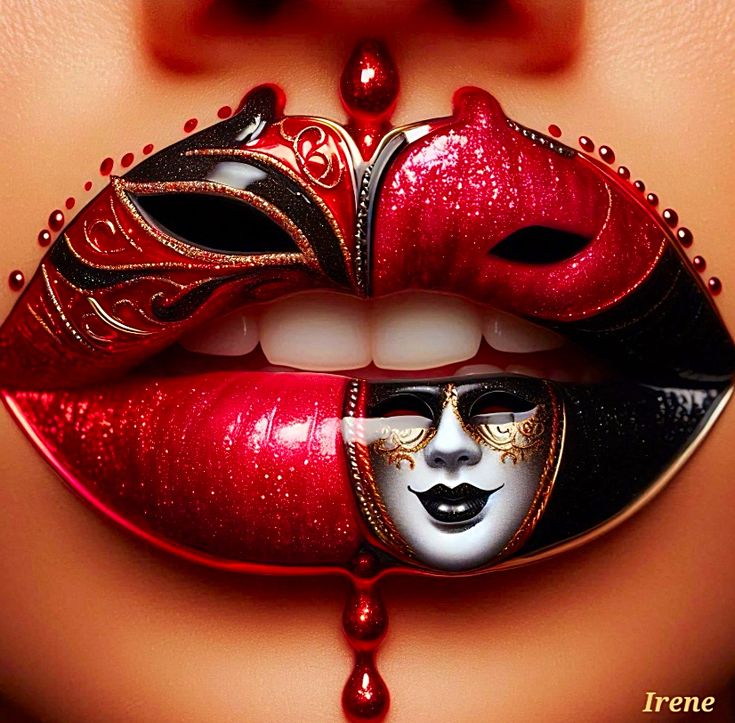 two women's lips with red and black makeup on them, one has a mask