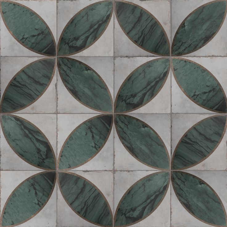 an artistic tile design with green leaves on the top and bottom part, in grey tones