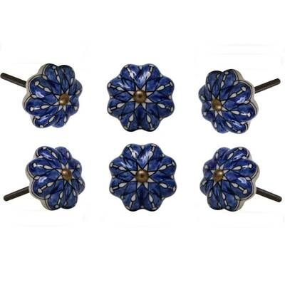 six blue flower shaped knobs with black handles