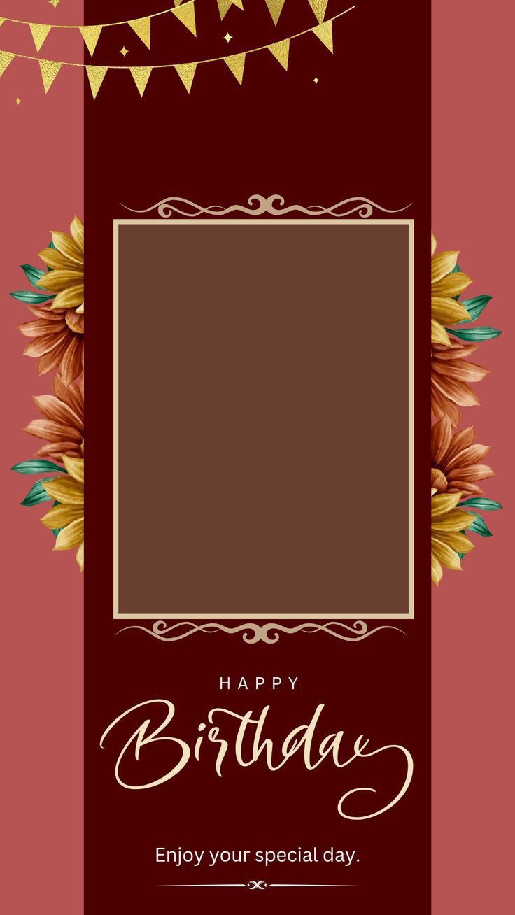 a happy birthday card with flowers and buntings on the strings in red, brown and