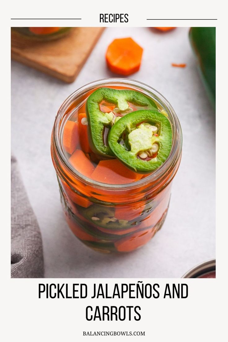 pickled jalapenos and carrots in a jar with text overlay