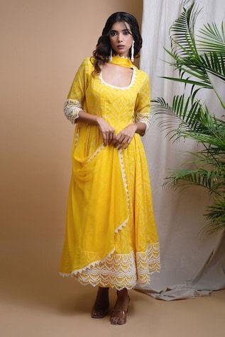 Yellow anarkali with all over digitally printed bandhani and placement white lace detailing. Paired with a straight palazzo and dupatta with lace detailed border. - Aza Fashions Eid Bandhani Print Palazzo Set For Designer Wear, Eid Designer Palazzo Set With Bandhani Print, Wedding Palazzo Set With Bandhani Print For Navratri, Navratri Wedding Palazzo Set With Bandhani Print, Transitional Designer Anarkali Set With Bandhani Print, Wedding Palazzo Set In Bandhani Print Chanderi, Designer Bandhani Print Anarkali Set For Eid, Eid Designer Anarkali Set With Bandhani Print, Festive Wedding Palazzo Set With Bandhani Print