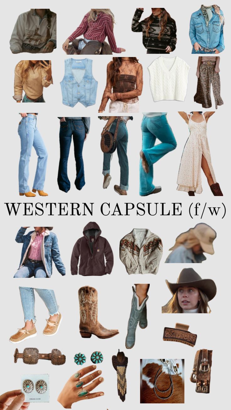 Created by mikaylamfflynn on Shuffles Western Style Capsule Wardrobe, Capsule Wardrobe Western, Western Capsule Wardrobe, 90s Fashion Country, Vintage Jeans Western, Western Thrifting, Western Winter, Staple Wardrobe Pieces, Clueless