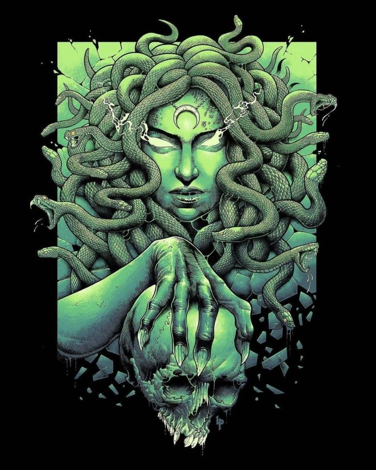 a drawing of a woman with green hair and snakes on her head, holding her hands out