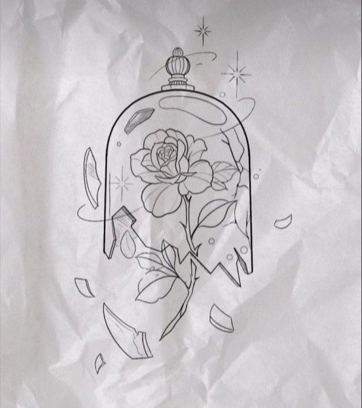 a drawing of a rose in a glass dome with leaves on the bottom and an arrow at the top