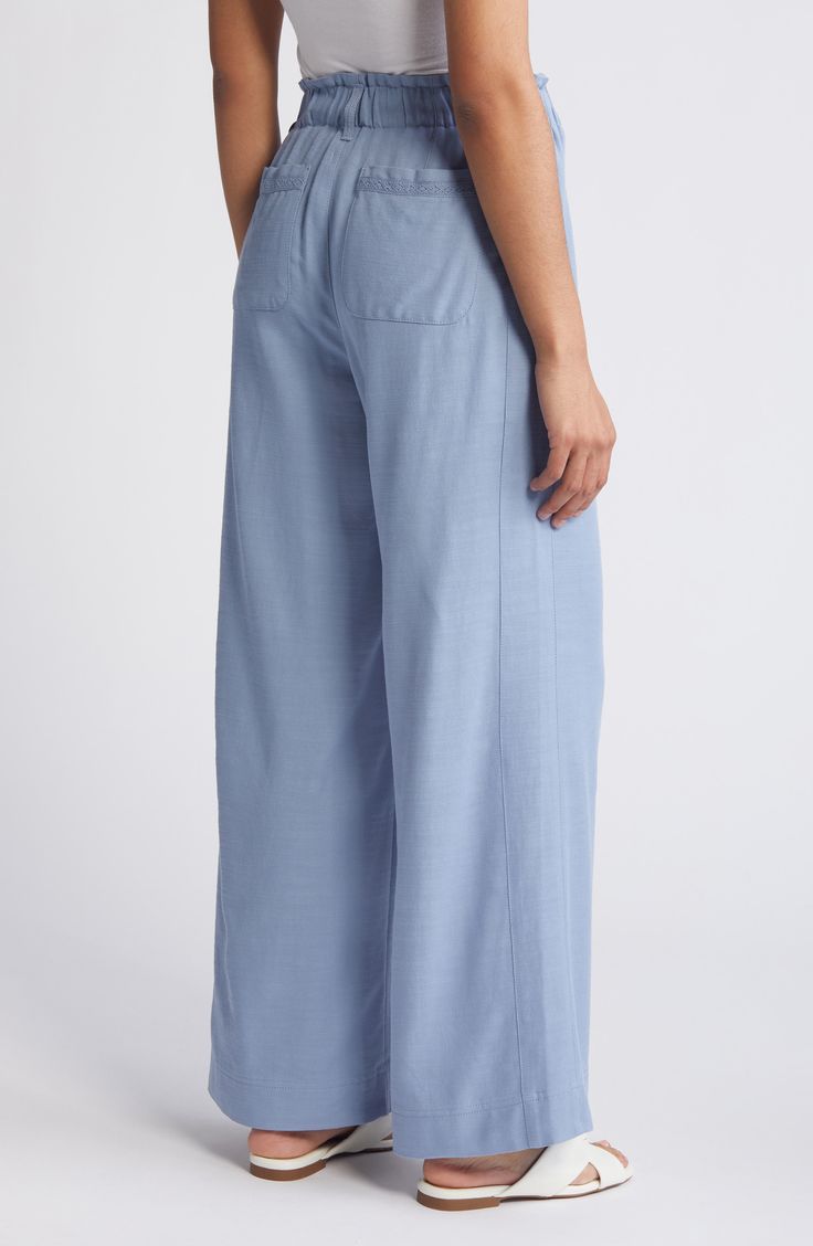 These breezy cotton-kissed pants are crafted with an elastic-back waist and easy wide legs. 30" inseam; 25" leg opening; 12 3/4" front rise; 17" back rise (size 8) 62% rayon, 38% cotton Machine wash, line dry Imported Blue Relaxed Fit Wide Leg Pants, Relaxed Cotton Straight Leg Bottoms, Relaxed Wide Leg Cotton Bottoms, Relaxed Straight Leg Cotton Bottoms, Spring Relaxed Fit Full Length Pants, Relaxed Wide-leg Cotton Bottoms, Spring Full-length Relaxed Fit Pants, Summer Cotton Straight Leg Wide Pants, Relaxed Cotton Trousers