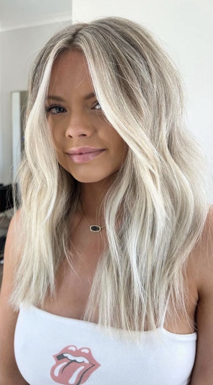 Fun Platinum Blonde Hair, Lowlights In Platinum Hair, White Blonde With Money Piece, Platinum Blonde Hair From Brown, Super Blonde With Dimension, Root Smudge Cool Blonde, Bright Blonde Hair Money Piece, Light Root Smudge Blonde, Winter Blonde Hair Shadow Root