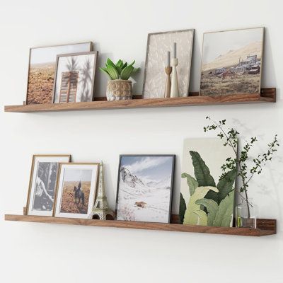 two wooden shelves with pictures and plants on them, one is holding several framed photos