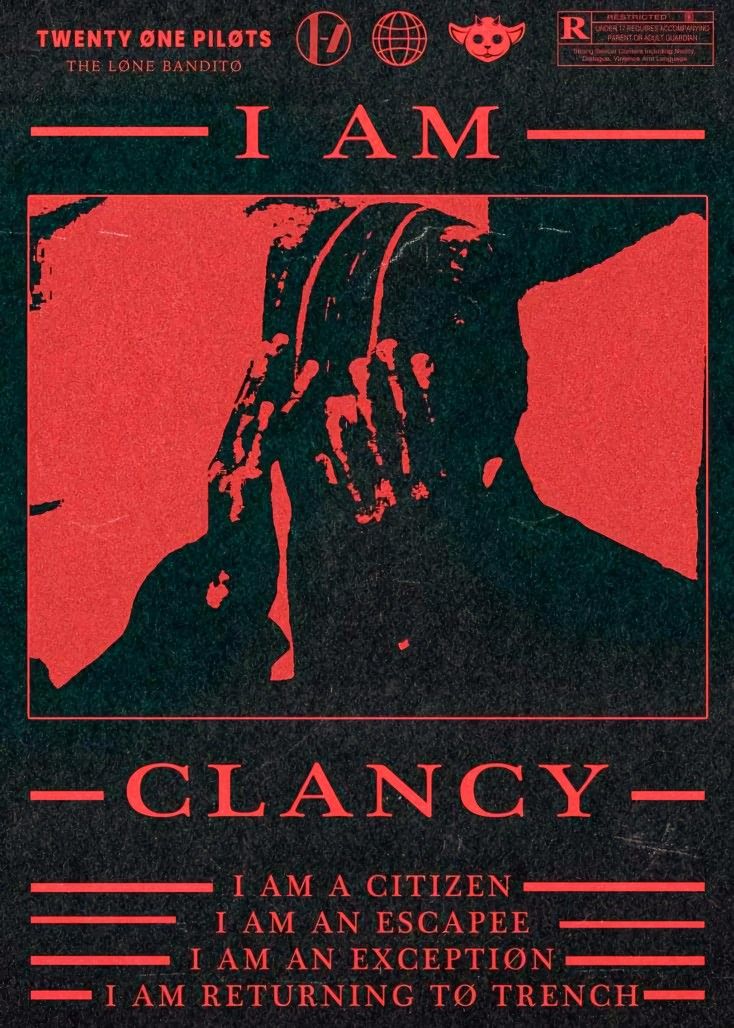 a poster with the words i am clancy in red and black on it