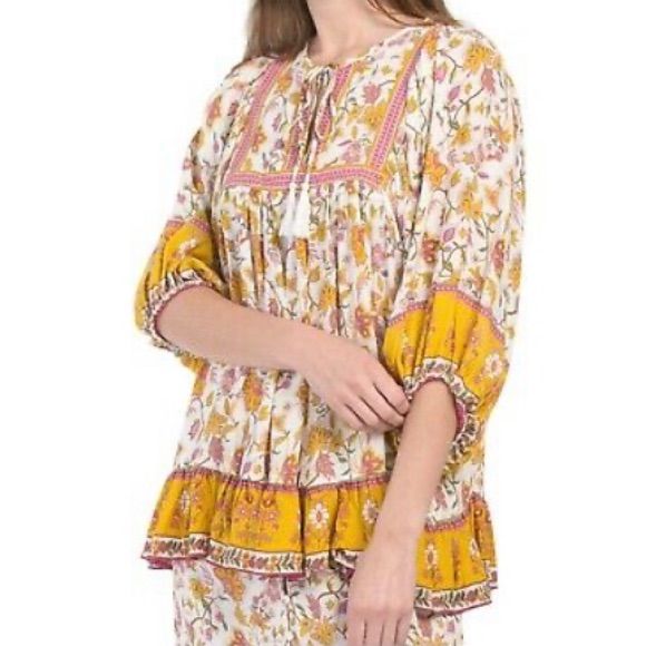 New With Tags. D18-12 Yellow Bohemian Blouse For Daywear, Yellow Bohemian Floral Print Top, Yellow Peasant Blouse For Spring, Flowy Yellow Blouse For Fall, Spring Peasant Blouse With Boho Print, Floral Print Peasant Top For Beach, Yellow Bohemian Peasant Top For Spring, Mustard Long Sleeve Top For Vacation, Mustard Long Sleeve Vacation Top