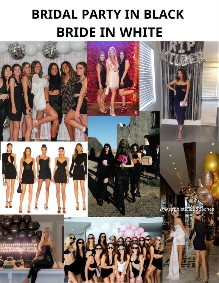 a collage of photos with the words bridal party in black bride in white