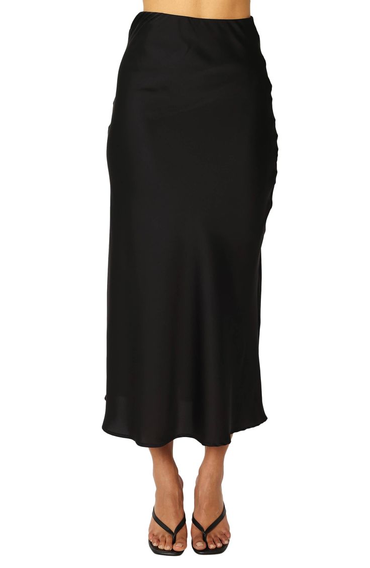 Smooth satin adds to the elegance of a beautifully draped skirt designed for a perfect fit with an elastic waist. Elastic waist 97% polyester, 3% spandex Hand wash, dry flat Imported Elegant Ruched Skirt In Solid Color, Elegant Ruched Solid Color Skirt, Flared Skirt With Elastic Waistband For Night Out, Elegant Solid Ruched Skirt, Silk Flowy Skirt For Night Out, Silk Skirt For Night Out, Chic Solid Color Ruched Skirt, Flowy Long Viscose Skirt, Elegant Flared Skirt With Ruched Detail