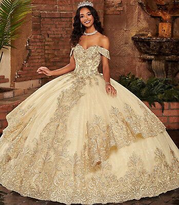 ad eBay - Sweetheart Tulle Appliques Tiered Puffy Champagne Quinceanera Dresses Ball Gown - Buy Now, click the link (eBay) Embroidered Quinceanera Dress, Vestido Charro, Quinceanera Dresses Gold, Mary's Bridal, Pretty Quinceanera Dresses, Military Ball Dresses, Quince Dress, Quinceanera Dress, Tulle Ball Gown